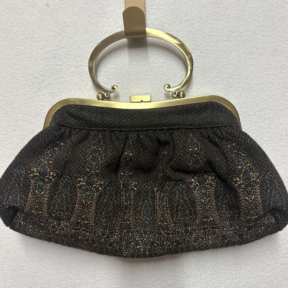 Ann Taylor LOFT Handbag Brown Tapestry Embroidered Ring Handle Frame Purse NWT